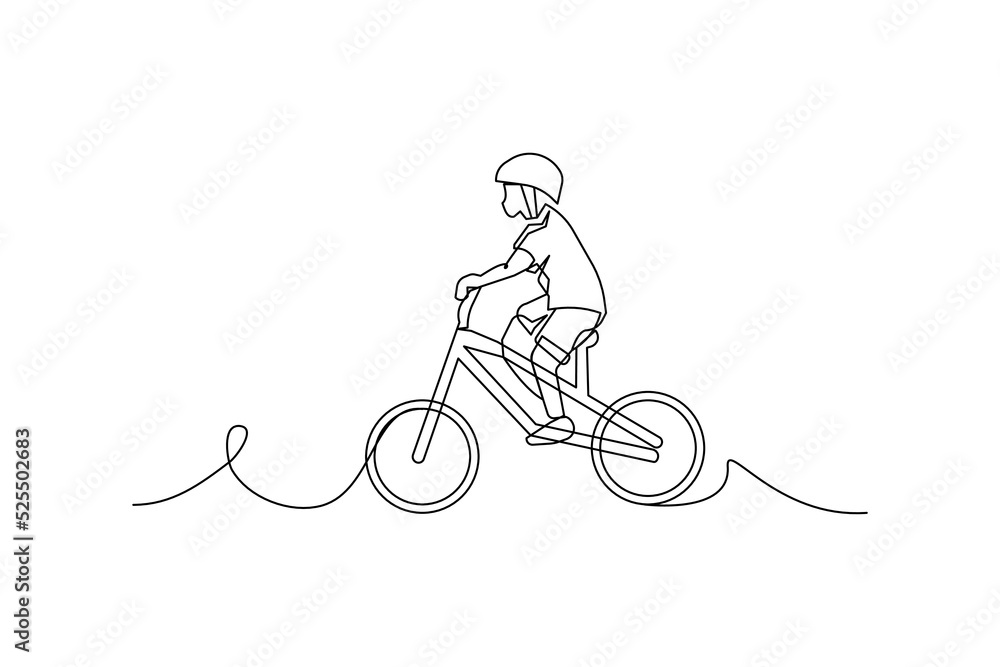Poster one line continuous of a child playing a bicycle. minimalist style vector illustration in white back