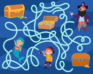 Pirate maze for kids. Treasure hunt preschool activity. Help the pirate get to the treasures. Vector image