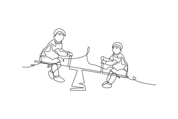 One line continuous of children playing swing. Minimalist style vector illustration in white background.
