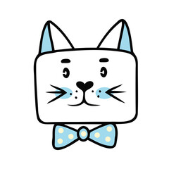 Cute cat face with a bow, boy. Vector Illustration for printing, backgrounds, covers and packaging. Image can be used for greeting cards, posters, stickers and textile. Isolated on white background.
