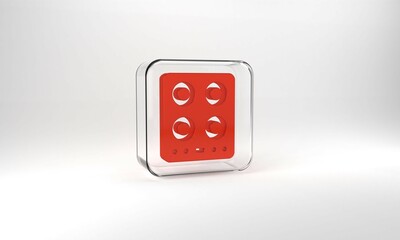 Red Gas stove icon isolated on grey background. Cooktop sign. Hob with four circle burners. Glass square button. 3d illustration 3D render