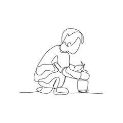 One continuous line of a boy taking care of plants. Vector illustration of minimalist style on a white background.