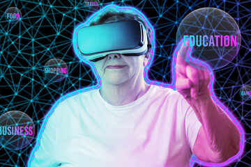Metaverse. Portrait of caucasian smiling senior woman in VR glasses touching digital sphere with education. Black background with neon grid. Concept of retiree, virtual reality and cyberspace