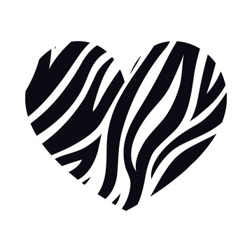 Heart with tiger print texture. Abstract design element with wild animal tiger or zebra stripes skin pattern. Vector black and white striped heart for fashion print design, tag, Valentines card.