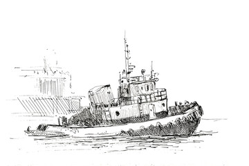 black gel pen drawing on a white paper. "the tug boat on water." 