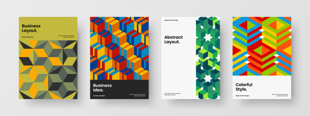 Vivid placard vector design template composition. Colorful geometric pattern company identity concept set.