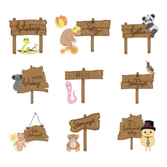 Set with cute animals near wooden signboard with the inscriptions on the summer theme in vector. Cartoon illustration.
