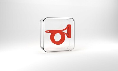 Red Trumpet icon isolated on grey background. Musical instrument. Glass square button. 3d illustration 3D render