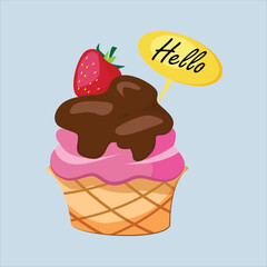 Ball of ice cream in cone with one strawberry. Crispy brown round waffle cup. . Chocolate ice with pink flowering topping. Vector illustration