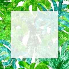 Abstract hand drawn watercolor leaves tropical and palm leaves border with copy space on white background. 