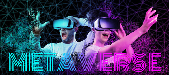 Metaverse web banner. Shocked disappearing bald, bearded man and happy woman VR glasses. Black background with neon grid. Concept of 3D simulation, virtual reality and cyberspace