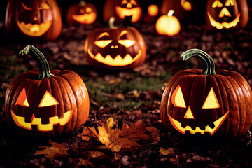 Fototapeta premium Halloween Pumpkins In A Spooky Forest At Night. 3D illustration