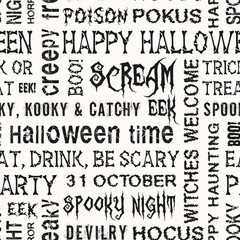 Seamless halloween text pattern with slogans, quotes, phrases, common holiday words. Various grunge fonts. Monochrome background for textile, fabric, surface design