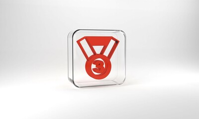 Red Medal icon isolated on grey background. Winner symbol. Glass square button. 3d illustration 3D render