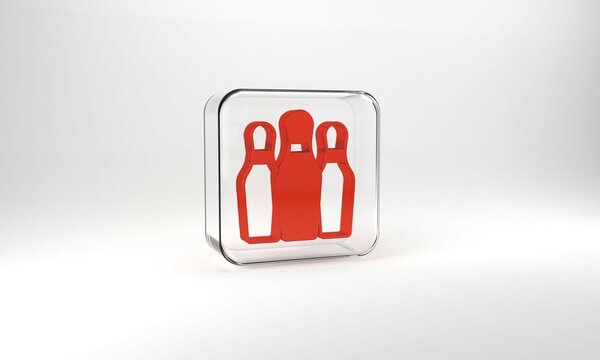 Red Bowling pin icon isolated on grey background. Juggling clubs, circus skittles. Glass square button. 3d illustration 3D render