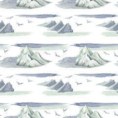 Watercolor winter landscape seamless pattern. Hand painted high frozen mountains with flying birds and splash textures isolated on white background. Foggy nature design for packaging, wrapping, print
