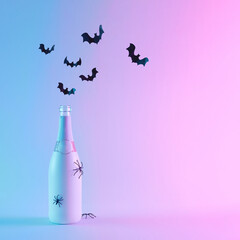 Champagne bottle with bats silhouettes and spiders in vibrant gradient holographic neon colors....