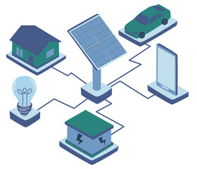 Solar panels. Charge from solar panels for home, car, appliances cars and factories. Green energy, urban landscape, ecology. Vector illustration isolated on the white background.