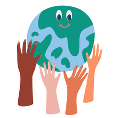 Save the planet. Different hands holding globe, earth. Earth day concept. Earth day vector illustration for poster, banner, print, web. Modern cartoon flat style illustration
