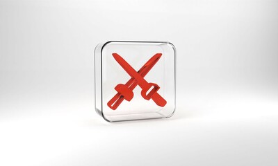 Red Fencing icon isolated on grey background. Sport equipment. Glass square button. 3d illustration 3D render