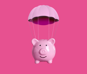 Cute piggy bank with parachute flying on pink background