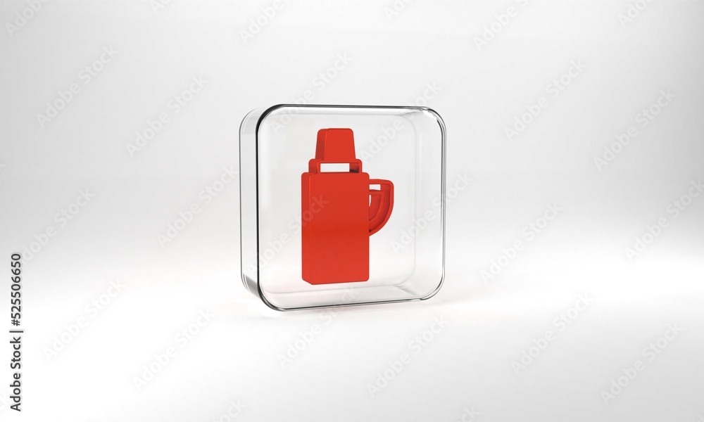 Poster Red Thermos container icon isolated on grey background. Thermo flask icon. Camping and hiking equipment. Glass square button. 3d illustration 3D render