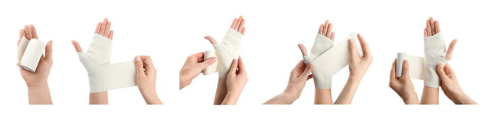 Collage with photos of applying elastic bandage onto patient's hand on white background, closeup....