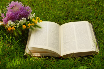 Open book and beautiful wildflowers on green grass outdoors