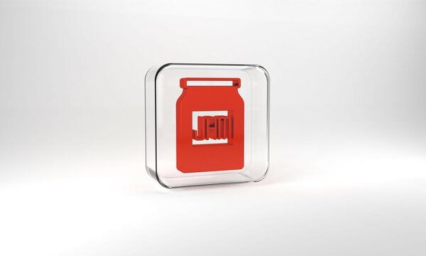 Red Jam jar icon isolated on grey background. Glass square button. 3d illustration 3D render