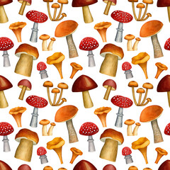 Seamless pattern with mushrooms. Watercolor drawing. A set of wild mushrooms: fly agarics, aspen, honey mushrooms, Chanterelle, Russula, Boletus. 