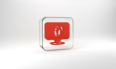 Red Location pin with leaf inside icon isolated on grey background. Leaves sign. Fresh natural product symbol. Glass square button. 3d illustration 3D render