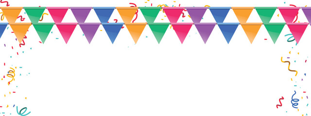 Happy birthday vector transparent background. Colorful happy birthday border frame with confetti.
