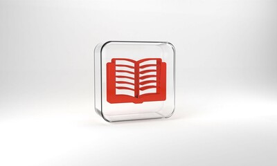 Red Open book icon isolated on grey background. Glass square button. 3d illustration 3D render