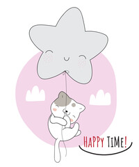 Obraz na płótnie Canvas Flat cute animal cat flying with big star illustration for kids 
