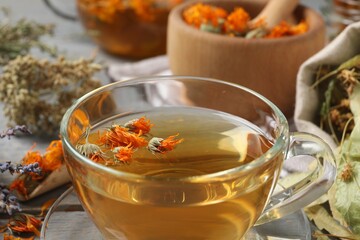 Freshly brewed tea and dried herbs on grey wooden table, closeup