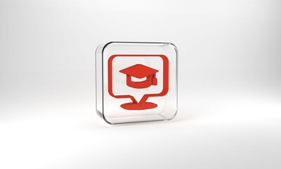 Red Graduation cap in speech bubble icon isolated on grey background. Graduation hat with tassel icon. Glass square button. 3d illustration 3D render