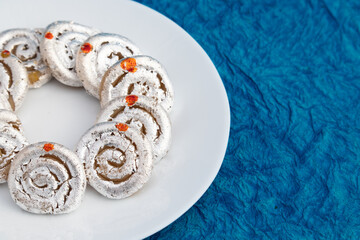 Indian Mithai Kaju Jalebi Also Known As Kaju Katli, Kaju Dilkhush Is Spiral Shaped Sweet Made Of Cashew Nut Powder, Kajoo, Mawa, Mava, Malai, Khoya, Doodh, Badam, Khoa, Badaam, Pista In Sugar Syrup