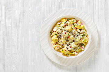 shout hallelujah potato salad in white bowl