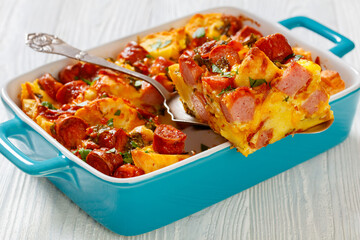 english muffin egg sausage bake, top view