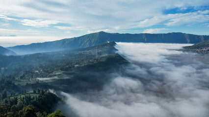 Aerial view of the Mount Bromo, is an active volcano and part of the Tengger massif, in East Java, Indonesia. East Java, Indonesia, August 24, 2022