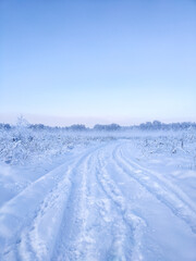Snow covered foggy road in early frosty morning