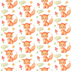 Watercolor seamless pattern with fox ,mushrooms and other plants. Woodland nursery. Great design for fabric, wallpaper, baby shower, birthday party.