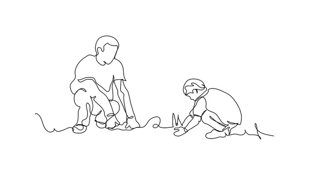 One continuous line of a father teaches his son to grow crops. Vector illustration of minimalist style on a white background.