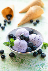 Homemade blueberry  ice cream with fresh blueberries