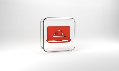 Red Worker safety helmet icon isolated on grey background. Glass square button. 3d illustration 3D render