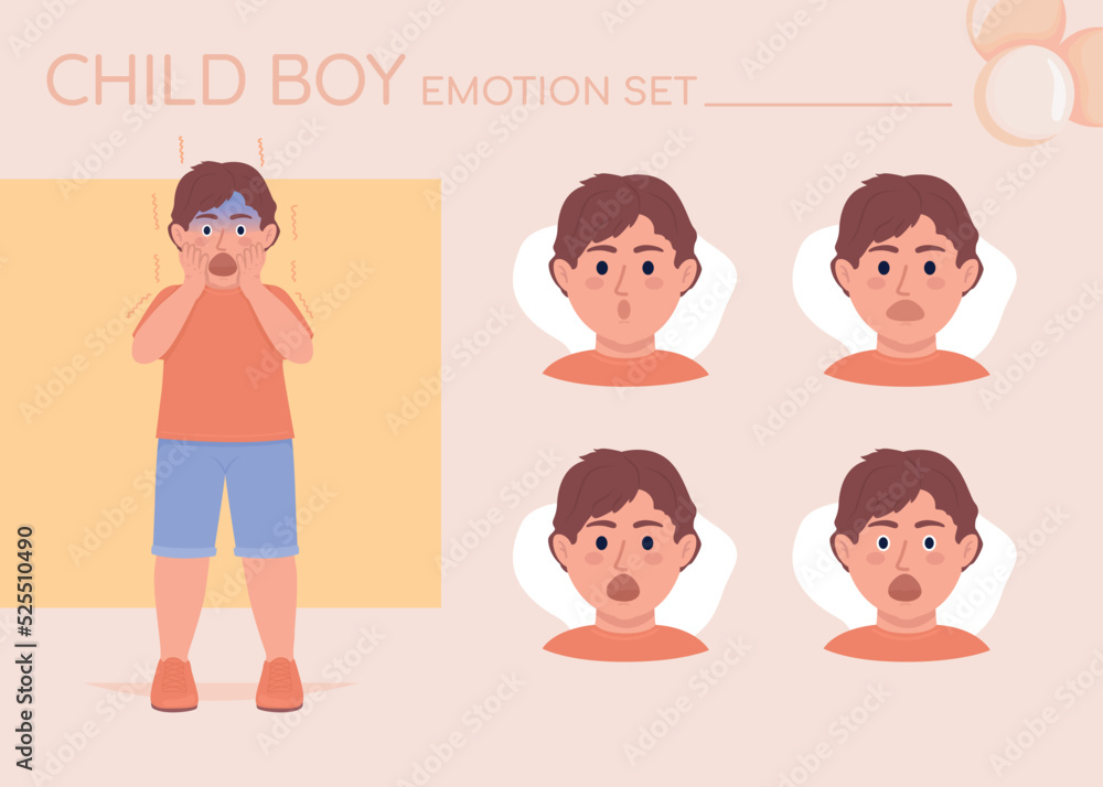 Poster scared little child semi flat color character emotions set. editable facial expressions. fright vect