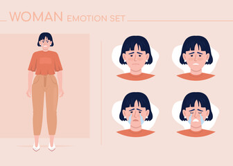 Upset young woman semi flat color character emotions set. Editable facial expressions. Sadness vector style illustration for motion graphic design and animation. Comfortaa font used