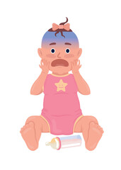 Naklejka premium Scared baby girl with bottle semi flat color vector character. Editable figure. Full body person on white. Emotion simple cartoon style illustration for web graphic design and animation