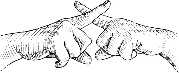 Female hands forming a cross with the fingers in the gesture of refusal. Black and white vector illustration on white background