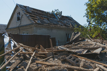 War in Ukraine. Remains of a private house in the city of Dnipro. Consequences of an explosion from a rocket. The consequences of the shelling of peaceful Ukrainian cities by the Russian army